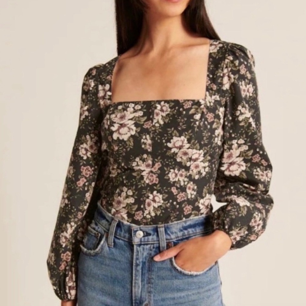 Abercrombie Squareneck Corset Top Women's S Floral Gray Puff Sleeve Boho Blouse